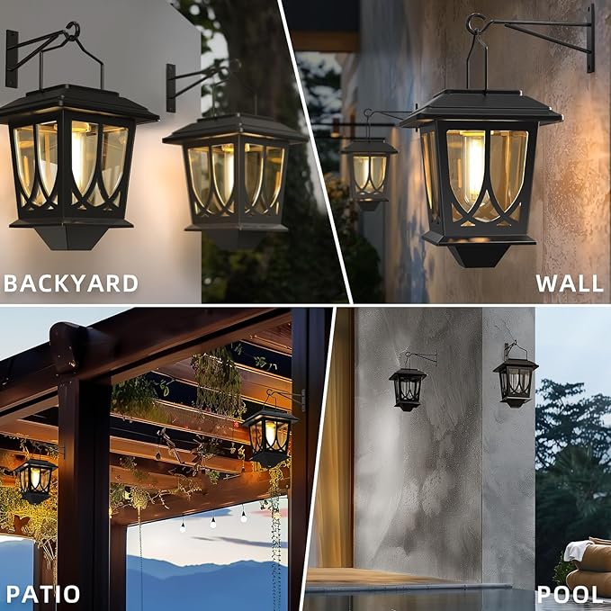 Solar Lanterns Outdoor Waterproof 2 Pack, Glass Auto On/Off LED Hanging Solar Lights, Outdoor Lantern with Wall Mount for Yard Fence Patio - Black-VerdiqueGarden