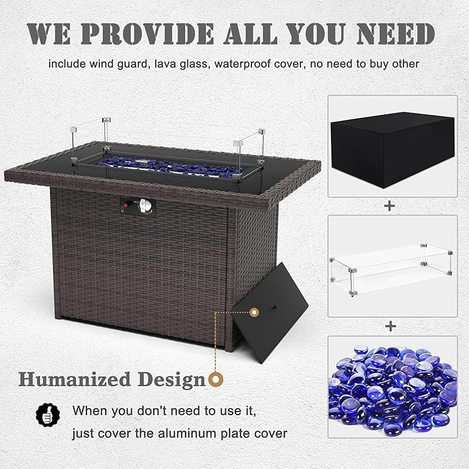 Propane Fire Pit Table,44 Inch 55000 BTU Outdoor Gas Fire Pit Rectangular with Glass Wind Guard for Outside Patio Deck (Brown-Glass Top)-VerdiqueGarden