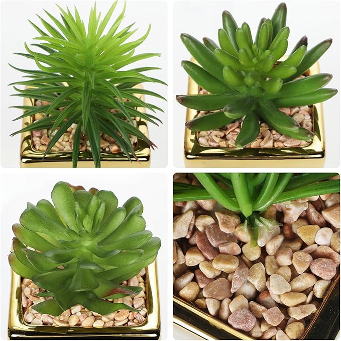 Hollyone Small Succulents Artificial 3 Pcs Faux Succulents with Gold Pots Mini Fake Succulent Plants Indoor Plant Ceramic Pots for Modern Office Desk Bathroom Shelf Living Room Home Decor-VerdiqueGarden