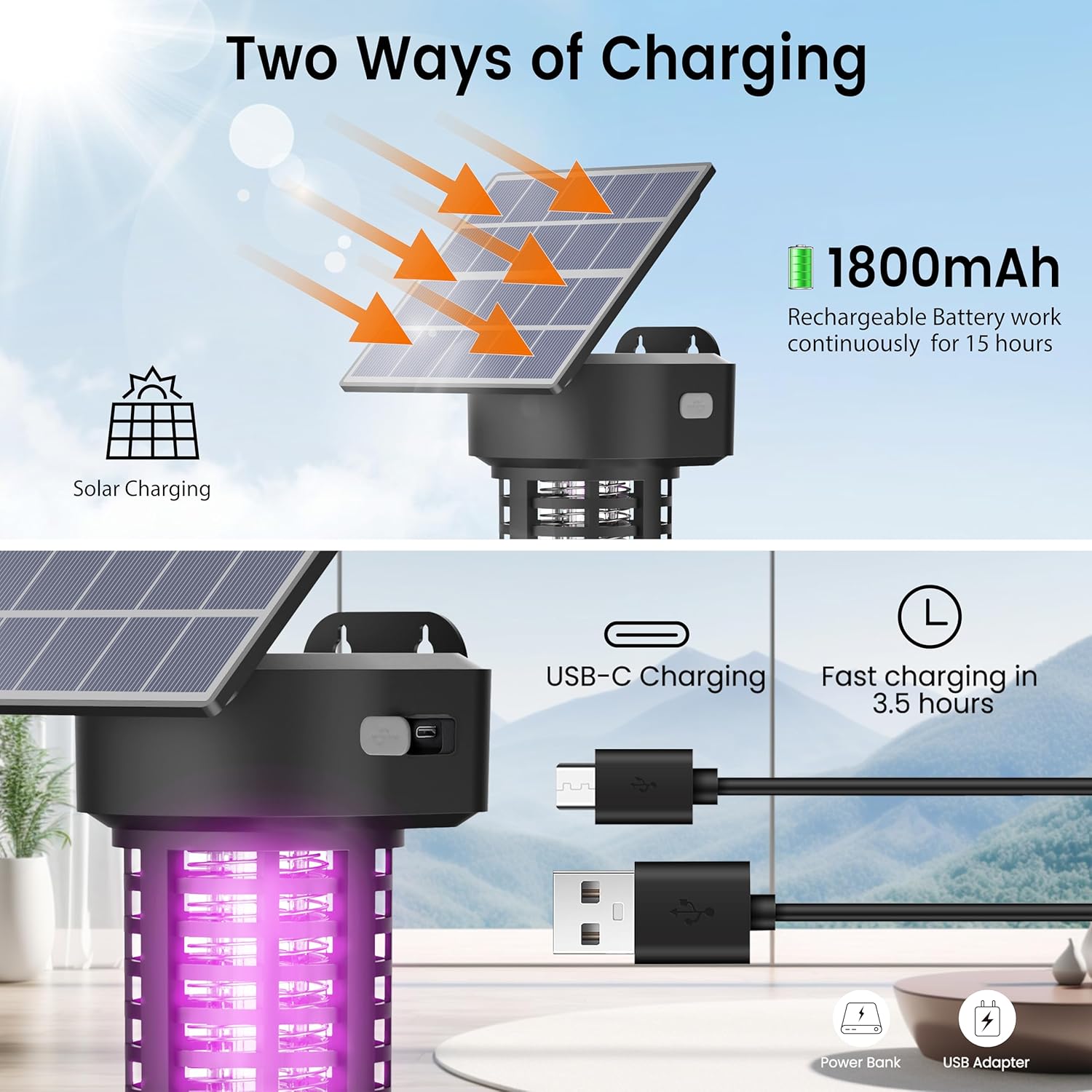 Solar Bug Zapper Outdoor, Garden Mosquito Zapper Waterproof & Cordless & Rechargeable & Auto On/Off and Manual Mode，Flying Insect Zapper Mosquito Killer Lamp Catcher for Patio Camping-VerdiqueGarden