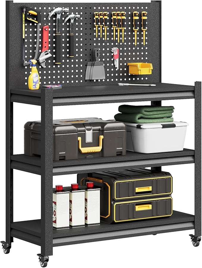 Workbench with Pegboard, Adjustable Heavy Duty Work Table with Wheels, Heavy Duty Workstation, Metal Tool Work Bench for Garage Warehouse Workshop, 48" H x 18" D x 34" W, Black-VerdiqueGarden
