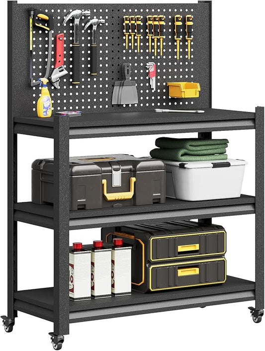 Workbench with Pegboard, Adjustable Heavy Duty Work Table with Wheels, Heavy Duty Workstation, Metal Tool Work Bench for Garage Warehouse Workshop, 48" H x 18" D x 34" W, Black-VerdiqueGarden