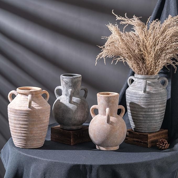 Vintage Terracotta Ceramic Vase with Handles, Rustic Beige Pottery Tulip Vase for Cottage Core Home Mantle Decor, Farmhouse Table Centerpieces, Large Bulk Flower Vases Jarrones Decorativos para Sala-VerdiqueGarden