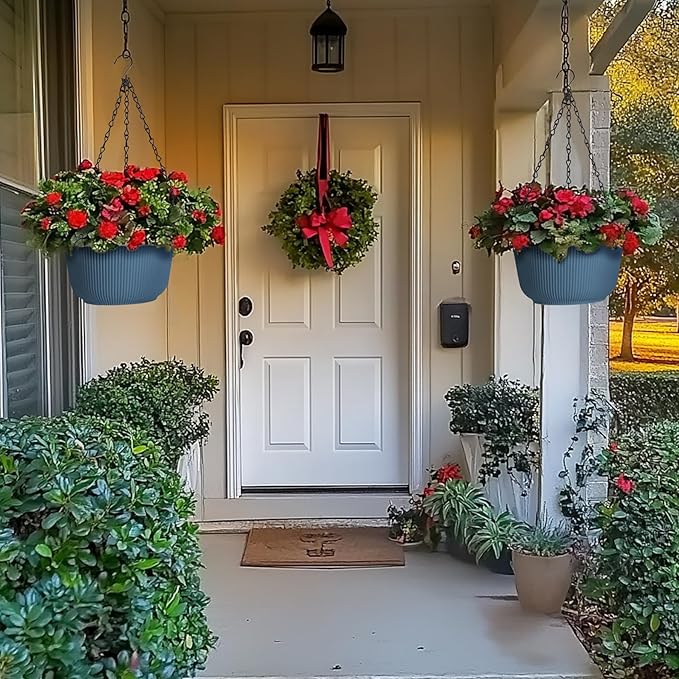 T4U 12 Inch Large Hanging Planters for Outdoor Plants, 2 Pack Self Watering Hanging Pots Indoor, Hanging Baskets for Plants,Hanging Flower Pot with Drainage Hole and Plant Hanger, Blue-VerdiqueGarden