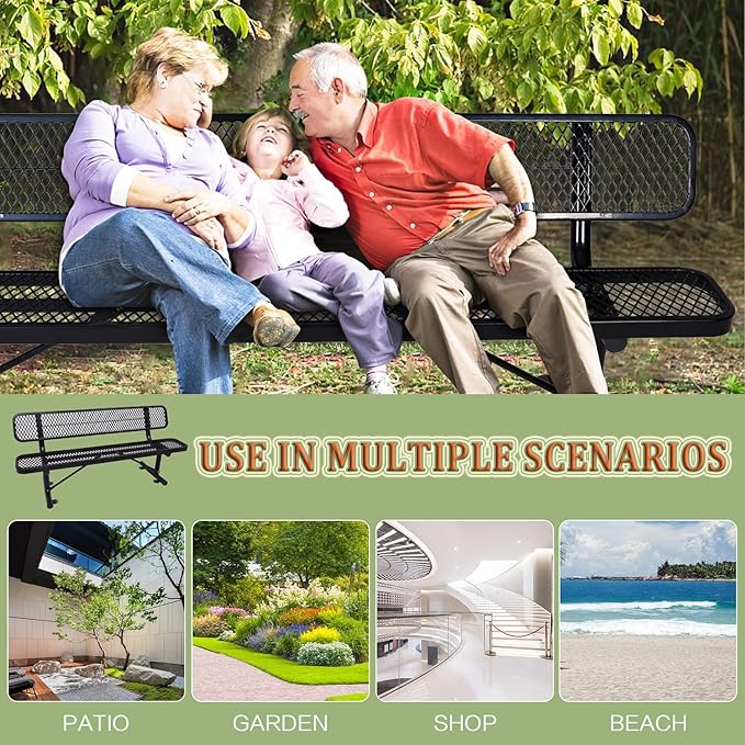 4/6/8 Feet Park Bench for Outside Heavy Duty Metal, Garden Benches Outdoor Bench with Backrest & Portable Frame, for Shopping Malls Stores Parks Patios Decks, Black-VerdiqueGarden