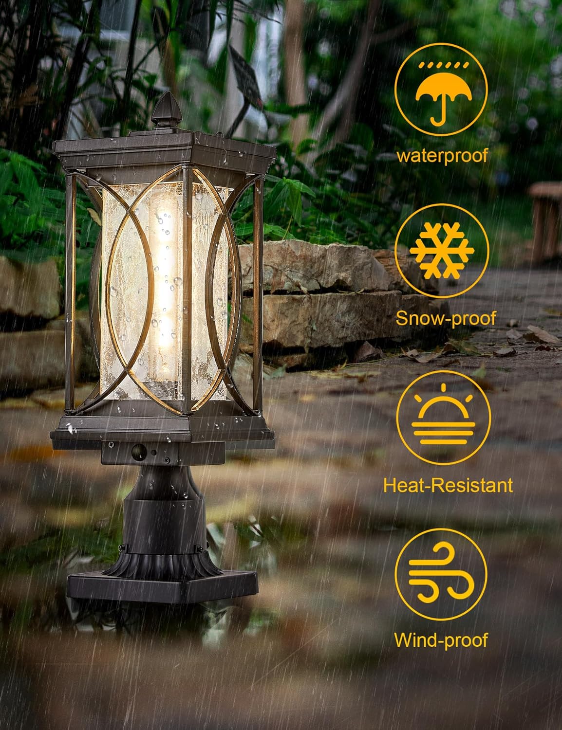 Motion Outdoor Post Lantern Dusk to Dawn Pillar Lamp with 3 Inch Pier Mount Adapter, Black Pole Light Aluminum with Crackle Glass Motion Outdoor Post Lights for Patio, Yard, Garden, Pathway-VerdiqueGarden