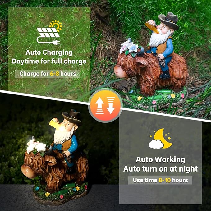 Gnome Gifts for Women, Solor Statue for Garden, Gnome and Highland Cow Figurine with Lights, Outdoor Decorations for Yard Lawn Patio, Gifts for Mom Grandma Mother in Law Gardener Mother'Day-VerdiqueGarden