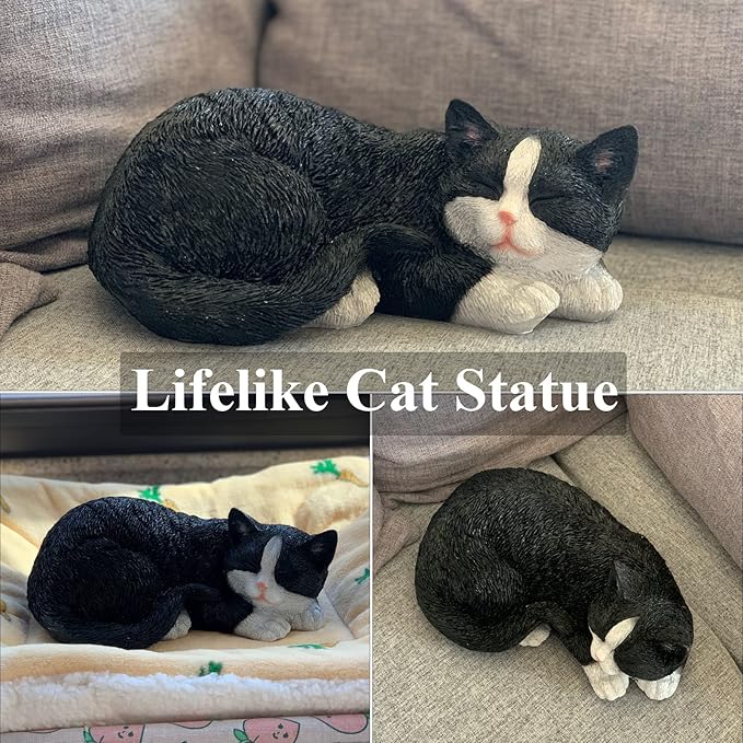 Cat Statue Outdoor Cat Figurines Garden Decor, Black Cat Statue Figurine Decor Sculpture for Patio, Yard, Sleeping Cat Statues for Indoor Table Accessory, Gift for Mom-VerdiqueGarden