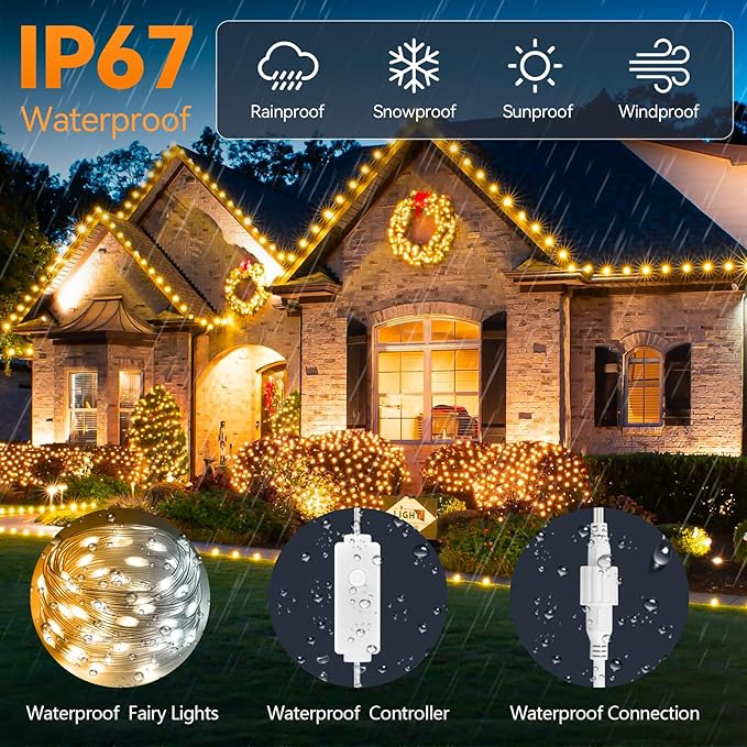 HOUHUI Fairy Lights Plug in Outdoor, 100Ft 2700K-6500K White Christmas Fairy Light IP67 Waterproof with Remote, 8 Modes, Warm-Cool White LED Fairy Twinkle Lights for Bedroom Garden Trees Party Decor-VerdiqueGarden