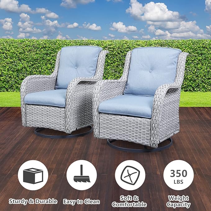 Wicker Outdoor Furniture Patio Furniture Set - 6 Piece Patio Conversation Set with Swivel Rocker Chairs, Rattan Sofa, Ottomans and Coffee Table, Baby Blue Cushion-VerdiqueGarden