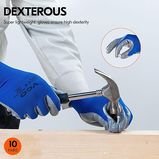Vgo... 10-Pairs Safety Work Gloves, Gardening Gloves, Non-slip Nitrile coating, Dipping Gloves (Size M, Blue, NT2110)-VerdiqueGarden