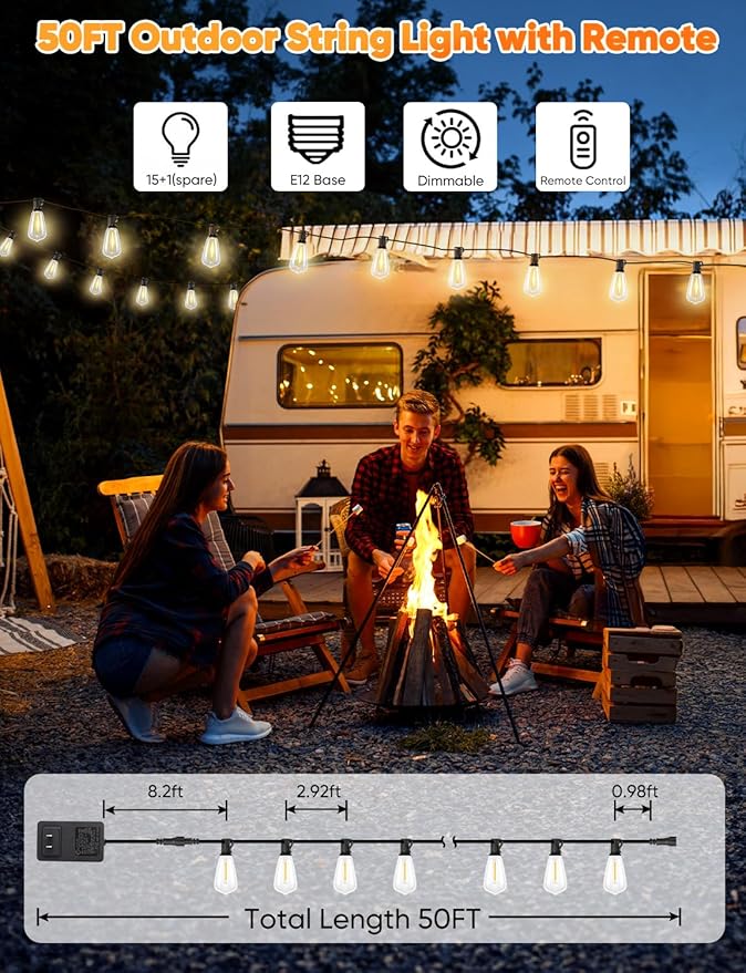 Brightever 50FT Outdoor String Lights with Remote, LED String Lights for Outside with 16 Shatterproof ST38 Vintage Edison Bulbs, 3 Modes 2 Timer Dimmable Outside Lighting for Patio, Gazebo, Deck, Yard-VerdiqueGarden