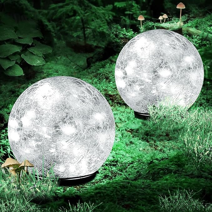 Garden Solar Ball Lights Outdoor Waterproof, 50 LED Cracked Glass Globe Solar Power Ground Lights for Path Yard Patio Lawn, Outdoor Decoration Landscape White (2 Pack 4.7'')-VerdiqueGarden