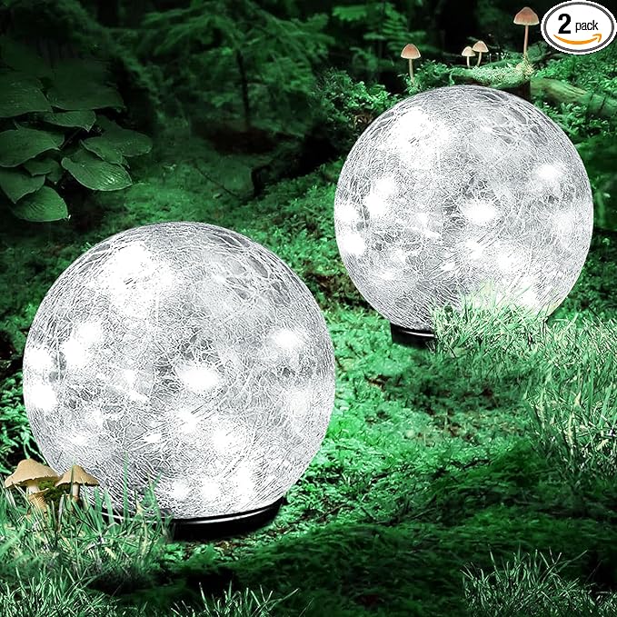 Garden Solar Ball Lights Outdoor Waterproof, 30 LED Cracked Glass Globe Solar Power Ground Lights for Path Yard Patio Lawn, Christmas Decoration Landscape White(2 Pack 3.9'')-VerdiqueGarden