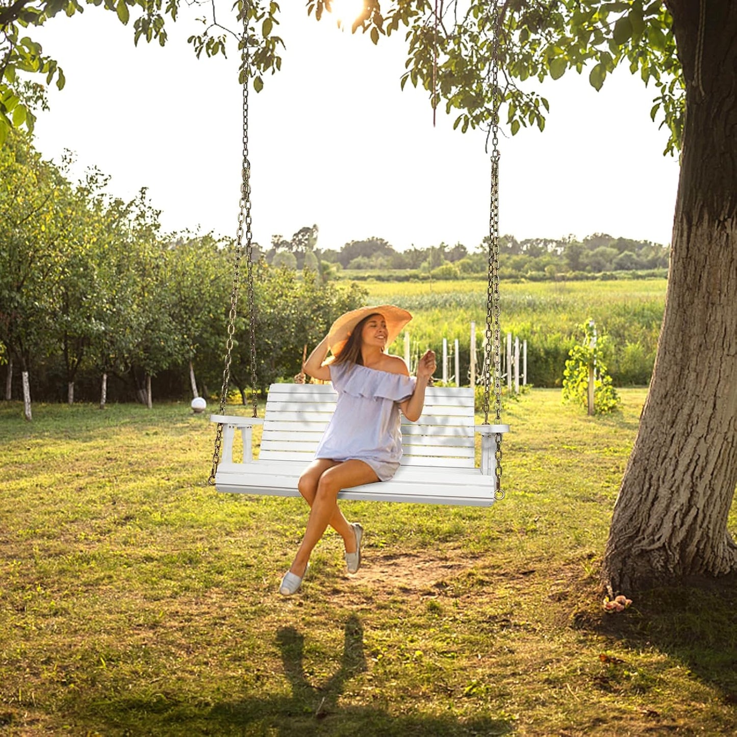 VINGLI Upgraded Patio Wooden Porch Swing for Courtyard & Garden, Heavy Duty 880 LBS Swing Chair Bench with Hanging Chains for Outdoors (White, 4 FT)-VerdiqueGarden