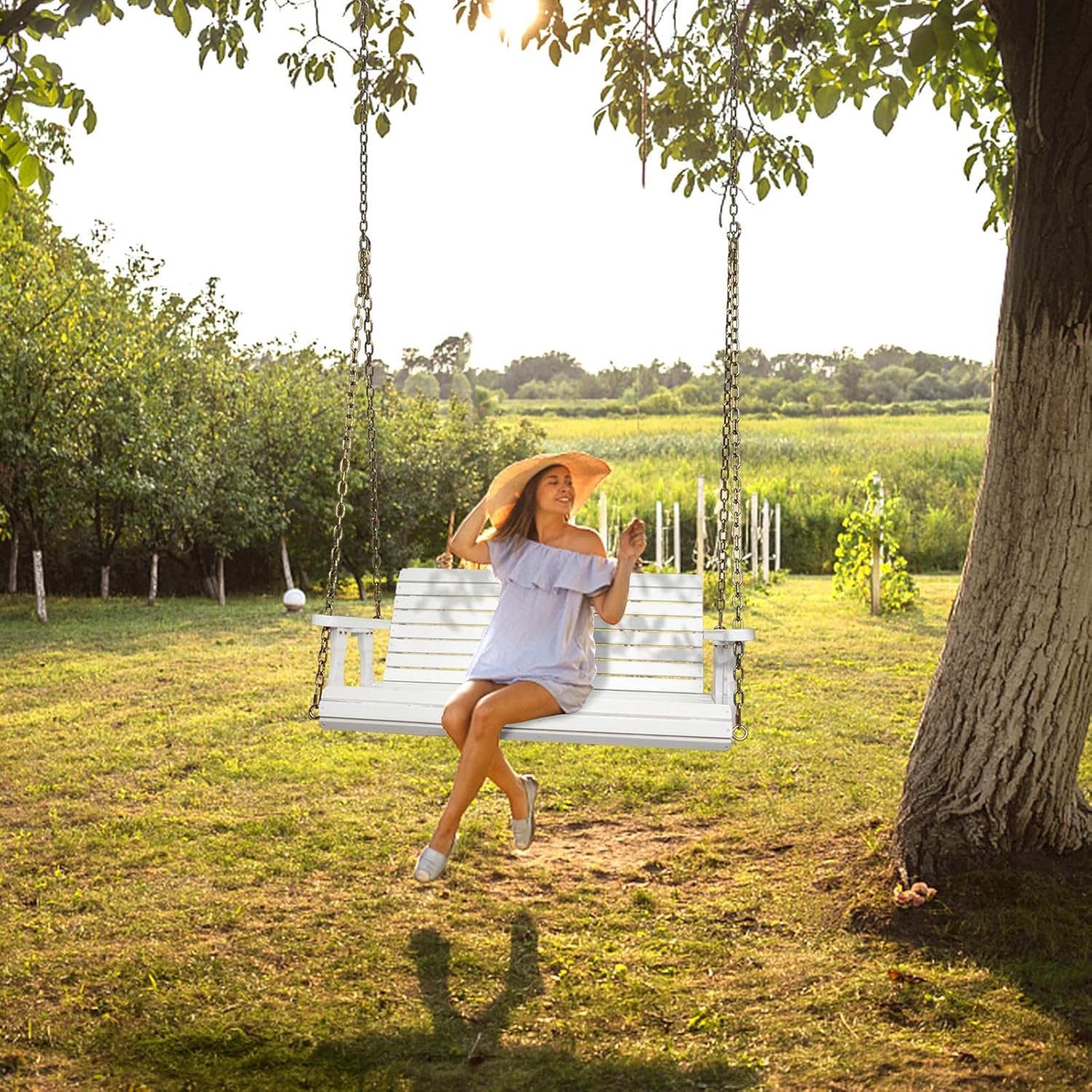 VINGLI Upgraded Patio Wooden Porch Swing for Courtyard & Garden, Heavy Duty 880 LBS Swing Chair Bench with Hanging Chains for Outdoors (White, 4 FT)-VerdiqueGarden