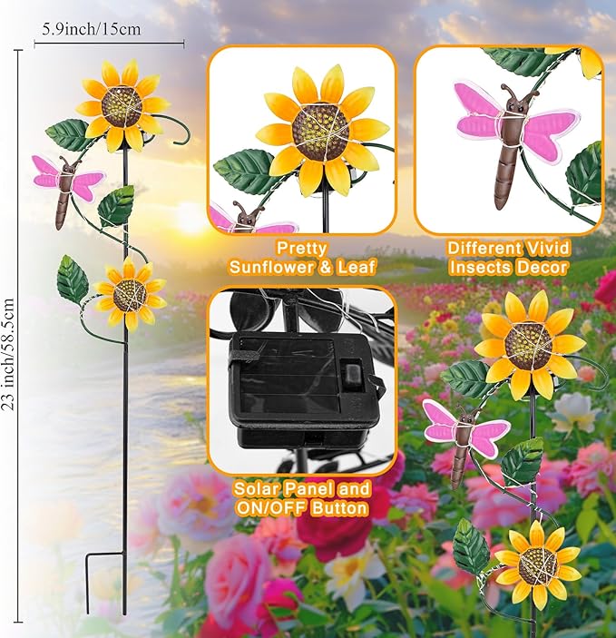 3 Pack Solar Garden Light, Sunflower & Insect Metal Solar Stake Lights, Outdoor Statues Figurine Lights for Spring Garden Lawn Patio Yard Decor-VerdiqueGarden