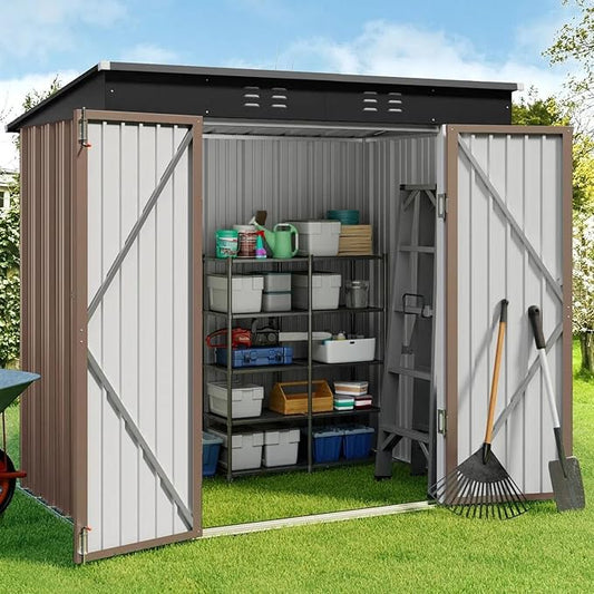 Gizoon 6' x 4' Outdoor Storage Shed with Double Lockable Doors, Anti-Corrosion Metal Garden Shed, Waterproof Shed Outdoor Storage Clearance for Backyard Patio Lawn-Brown-VerdiqueGarden