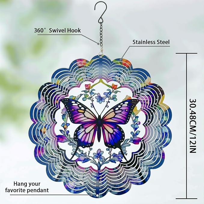Wind Spinners 2 Pack Metal Butterfly - Butterfly Gifts for Women Mom Grandma Wife, Hanging Wind Spinner for Outdoor & Indoor Decorations, 12 inch 3D Wind Spinner for Ornament Gifts-VerdiqueGarden