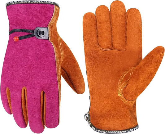HLDD HANDLANDY Leather Work Gloves for Men & Women, Adjustable Wrist Cowhide Gardening Glove with Reinforced Palm for Driver-VerdiqueGarden