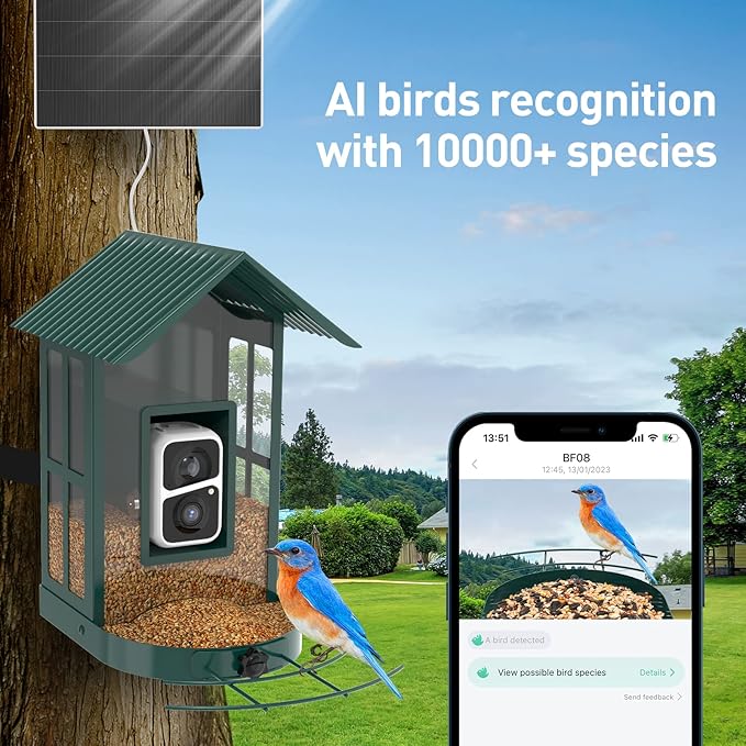 Soliom- Bird Feeder with Camera, 5W Solar Powered, AI Identify Species, Smart Wild Bird Watching, 2K Live View, Instant Arrival Alerts,Large 2.7L Seed Capacity, Metal Squirrel Chew-Proof - BF08 Green-VerdiqueGarden
