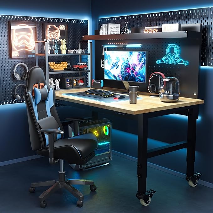 48" Heavy Duty Adjustable Workbench with Large Pegboard, Adjustable Work Table with Power Outlets & Lockable Wheels, Rubber Wood Workstation for Garage, Workshop, Office, Home, Commercial-VerdiqueGarden