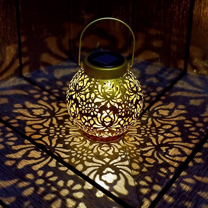 2 Pack Outdoor Solar Hanging Lantern Lights Metal LED Decorative Lamp for Garden Patio Courtyard Lawn and Table with Hollowed-Out Design (Sunset Blaze)-VerdiqueGarden