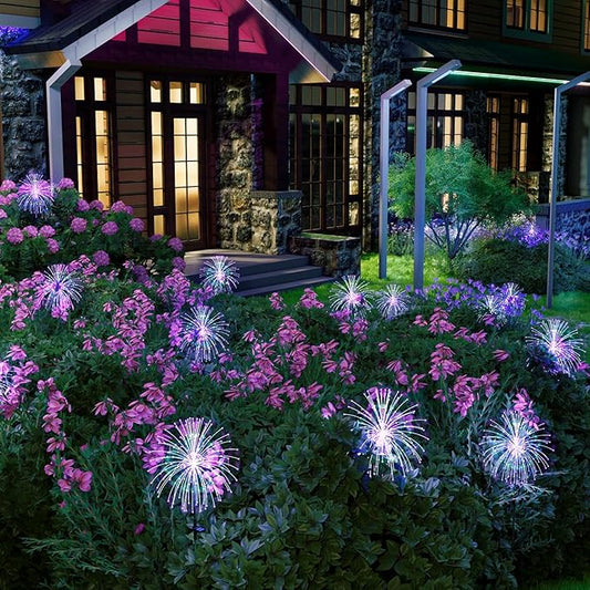 Honche Pack of 4 Upgrade Solar Fireworks 120LEDs Garden Fairy Lights, ROHS CE Certified 120 Led DIY Shapes Multicolored Lights IP65 Weatherproof for Christmas Pathway Parties Garden Decor-VerdiqueGarden