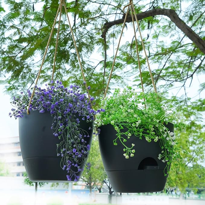 10 Inch Self Watering Hanging Pots, 2 Pack Hanging Planters with 40oZ Deep Reservior for Indoor Outdoor Plants Flowers, Black-VerdiqueGarden