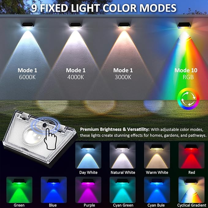 HENRE Solar Fence Lights - 9 Color Modes & Cyclical Gradient, IP44 Waterproof Solar Lights Outdoor, Auto On/Off, Fence Lights Solar Powered for Garden, Pathway, Yard Decor (6-Pack)-VerdiqueGarden