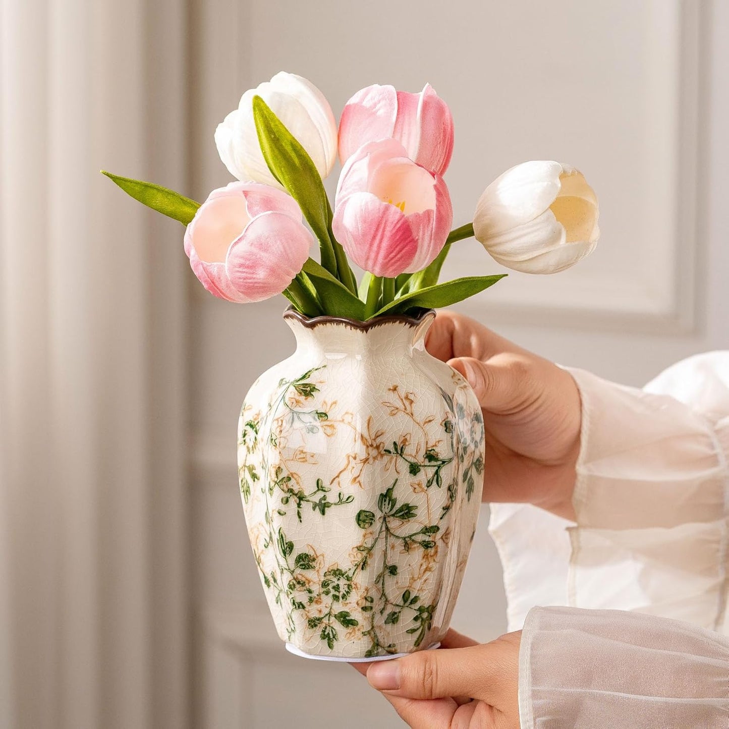 Ceramic Vases Set of 3, Green & Beige Chinoiserie Flower Pitcher Vase, Farmhouse Vintage Floral Vase Home Decor for Mantle, Fireplace, Kitchen Counter, Living Room Bookshelf Rustic Table Centerpiece-VerdiqueGarden