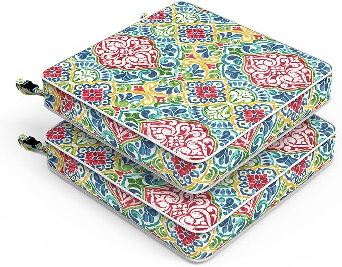 LVTXIII Patio Chair Cushions 22"x22"x3", Water-Repellent Outdoor Seat Cushions for Patio Furniture, Square Chair Pads with Ties for Home Garden Decoration, Set of 2, Damask Red-VerdiqueGarden