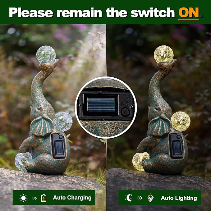 MININOVA Garden Decor Outdoor Statues Elephant with Cracked Glass Balls, Cute Solar Figurine for Patio, Lawn, Yard Art Ornament Decorations (15 LED Lights)-VerdiqueGarden
