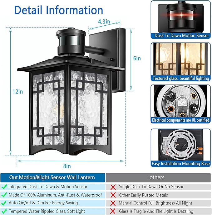 Dusk to Dawn Motion Sensor Light, Outdoor Light Fixture, Aluminum Wall Sconce Lighting, Front Porch Light, Exterior Lights for House Patio, Outside Lights, Wall Mount Anti-Rust Lantern-VerdiqueGarden