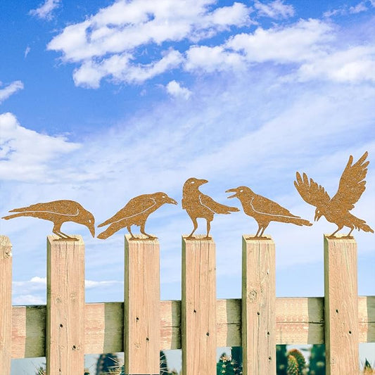 5Pcs Rusty Birds Metal Art Crow for Fence Decorations Outdoor, Metal Birds Craft Statue Ornaments Fence Topper Decor, Metal Bird Silhouette with Rusty Yard Art-VerdiqueGarden