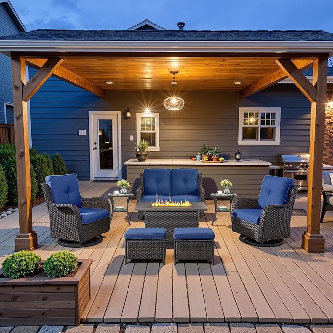 8 Piece Outdoor Patio Furniture Set - 41" CSA Propane Fire Pit Table Patio Conversation Set with Swivel Rocker Outdoor Chairs, Wicker loveseat and Ottoman for Outside Casual Gathering-VerdiqueGarden