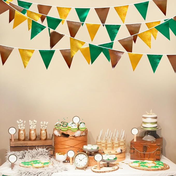 Green Gold Brown Metallic Fabric Triangle Pennant Banner Flag Bunting Garland for Football Jungle Safari Wild Woodland Birthday Baby Shower Wedding Bachelorette Graduations Party Decorations Supplies-VerdiqueGarden