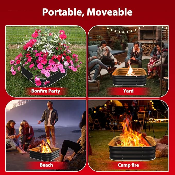 Fire Pit 48 Inch, Square Galvanized Steel Fire Pit for Outside, Heavy Duty Steel Fire Pit In-Ground for Backyard, Camping, Bonfire, Flower Raised Garden Bed for Garden, 11 Inch High-VerdiqueGarden