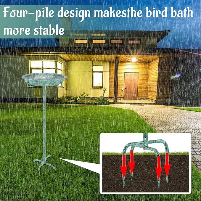 Metal Bird Bath for Outside, 36.2" Height Birdbath Bowl Standing Bird Feeders for Outdoors with 4 Prongs Base Stake, Freestanding Birdfeeders for Garden Yard Lawn Decor (Retro Green)-VerdiqueGarden