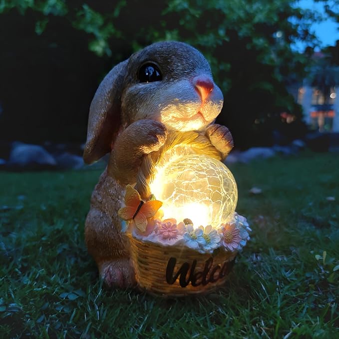 Solar Rabbit Garden Outdoor Statues,Resin Rabbit Figurine Carrying Flower Basket and Magic Orb with Solar LED Lights, Lawn Decor Outdoor Statue for Patio, Balcony, Yard Ornament-VerdiqueGarden