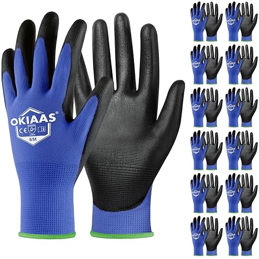 OKIAAS Men's Blue Medium Thin and Lightweight Working Gloves with Grip, 12 Pairs Bulk Pack Construction Gloves-VerdiqueGarden