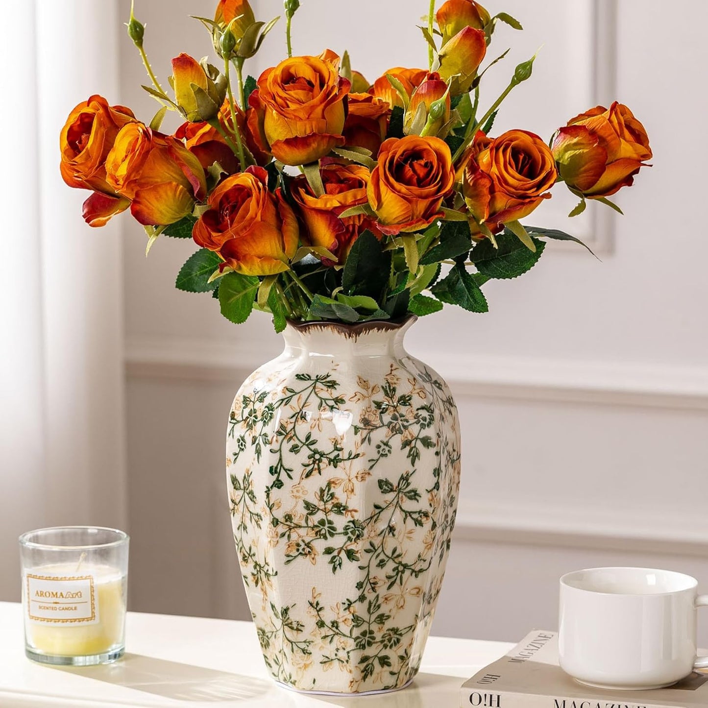 Vintage Pastoral Octagonal Vase, Green and Beige Retro Ceramic Flower Vase, Rustic Farmhouse Vases Chinoiserie Floral Large Vase for Home Decor, Living Room, Kitchen, Bedroom and Shelf 9.1 Inch-VerdiqueGarden