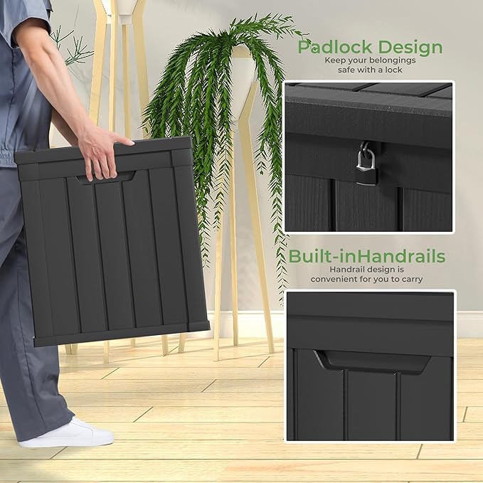 45 Gallon Resin Deck Box, Waterproof Outdoor Storage Bin for Patio, Poolside, and Garden, Lockable & UV-Resistant, Ideal for Small Spaces, Black-VerdiqueGarden