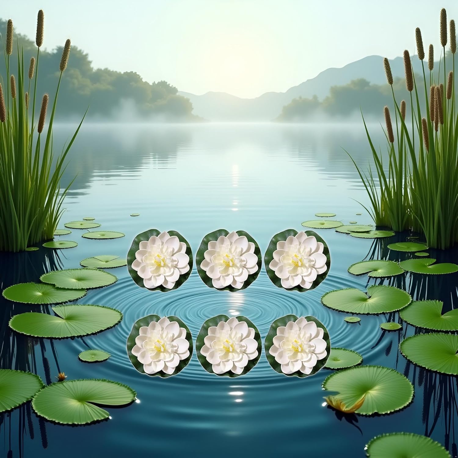 6 Pcs White Artificial Lotus Flowers Large Floating Lotus Faux Water Lily Flowers Fish Pond Artificial Plants with Artificial Lily Pads, Artificial Plants, Lotus Flower, Decorations-VerdiqueGarden