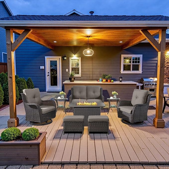 8 Piece Outdoor Patio Furniture Set - 41" CSA Propane Fire Pit Table Patio Conversation Set with Swivel Rocker Outdoor Chairs, Wicker loveseat and Ottoman for Outside Casual Gathering-VerdiqueGarden