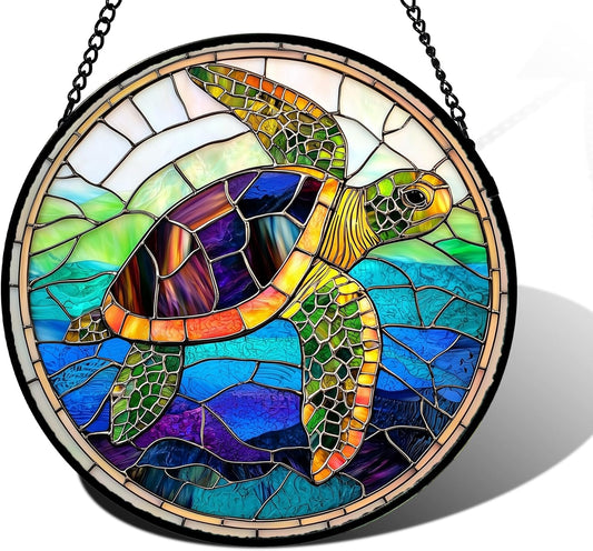 Stained Glass Window Hanging, Colored Turtle Ocean Suncatcher Diamond Glass Panel Hangings Marine Life Sun Catchers Decor for Birthday for Women, Men, Wife, Aunt, Mom 11.8 in-VerdiqueGarden