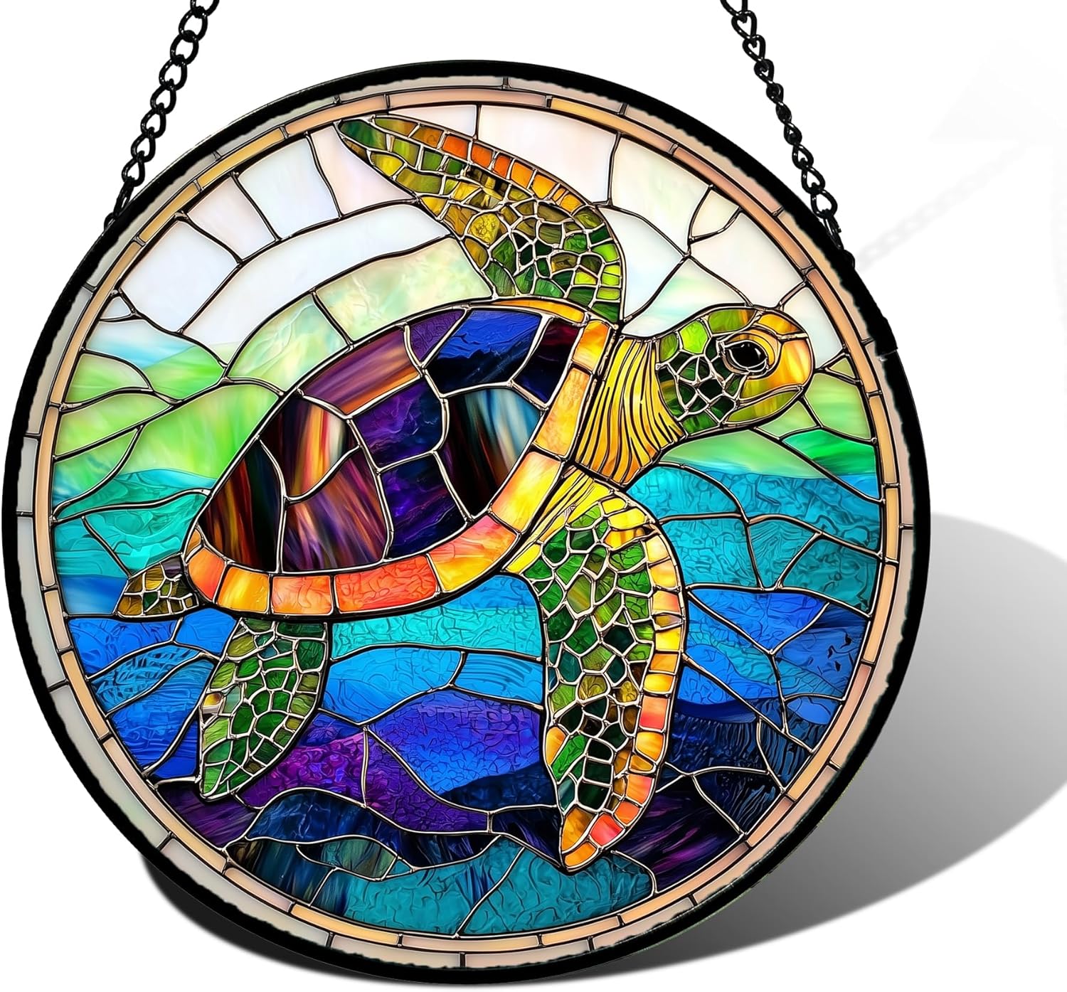 Stained Glass Window Hanging, Colored Turtle Ocean Suncatcher Diamond Glass Panel Hangings Marine Life Sun Catchers Decor for Birthday for Women, Men, Wife, Aunt, Mom 15x15 in-VerdiqueGarden