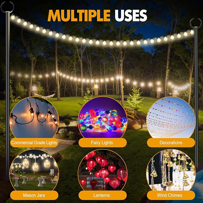 String Lights Poles Outdoor 10.3FT, 2 Pack 2 in 1 Upgraded Metal Light Poles for Hanging String Lights, Outside Lighting Stand with Hooks for Wedding, Parties, Deck, Garden, Fence Decor-VerdiqueGarden