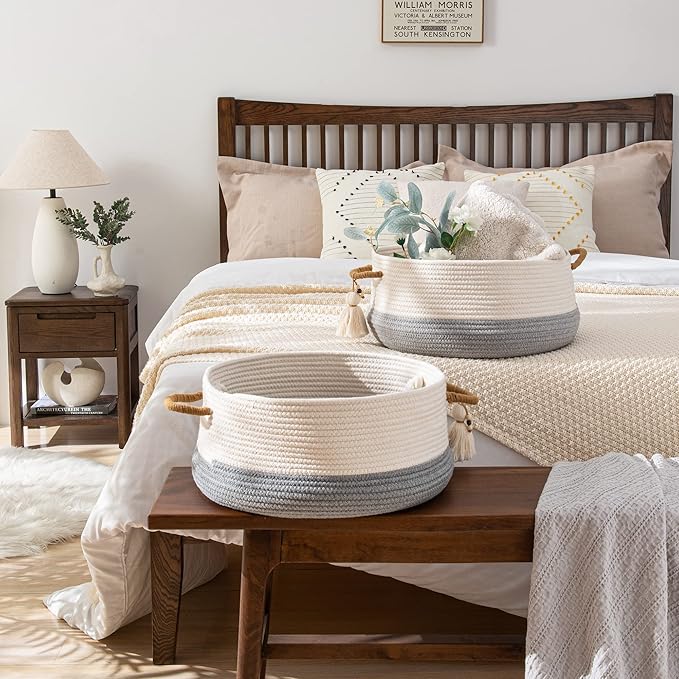 KAKAMAY Woven Baskets for Storage(16"x8"),Blanket Basket for Organizing Living Room,Cotton Rope Basket Woven Baby Laundry Hamper,Collapsible Laundry Room Organization,Clothes,Toy Chest(Grey)-VerdiqueGarden