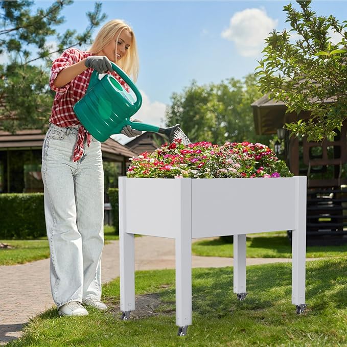 Horticulture Raised Garden Bed with Legs, Divisible Raised Resin Planter Box for Backyard, Patio, Balcony, with 4 Legs, 4 Swivel Lockable Wheels(Ashen,30.04 * 17.72 * 28.9)-VerdiqueGarden